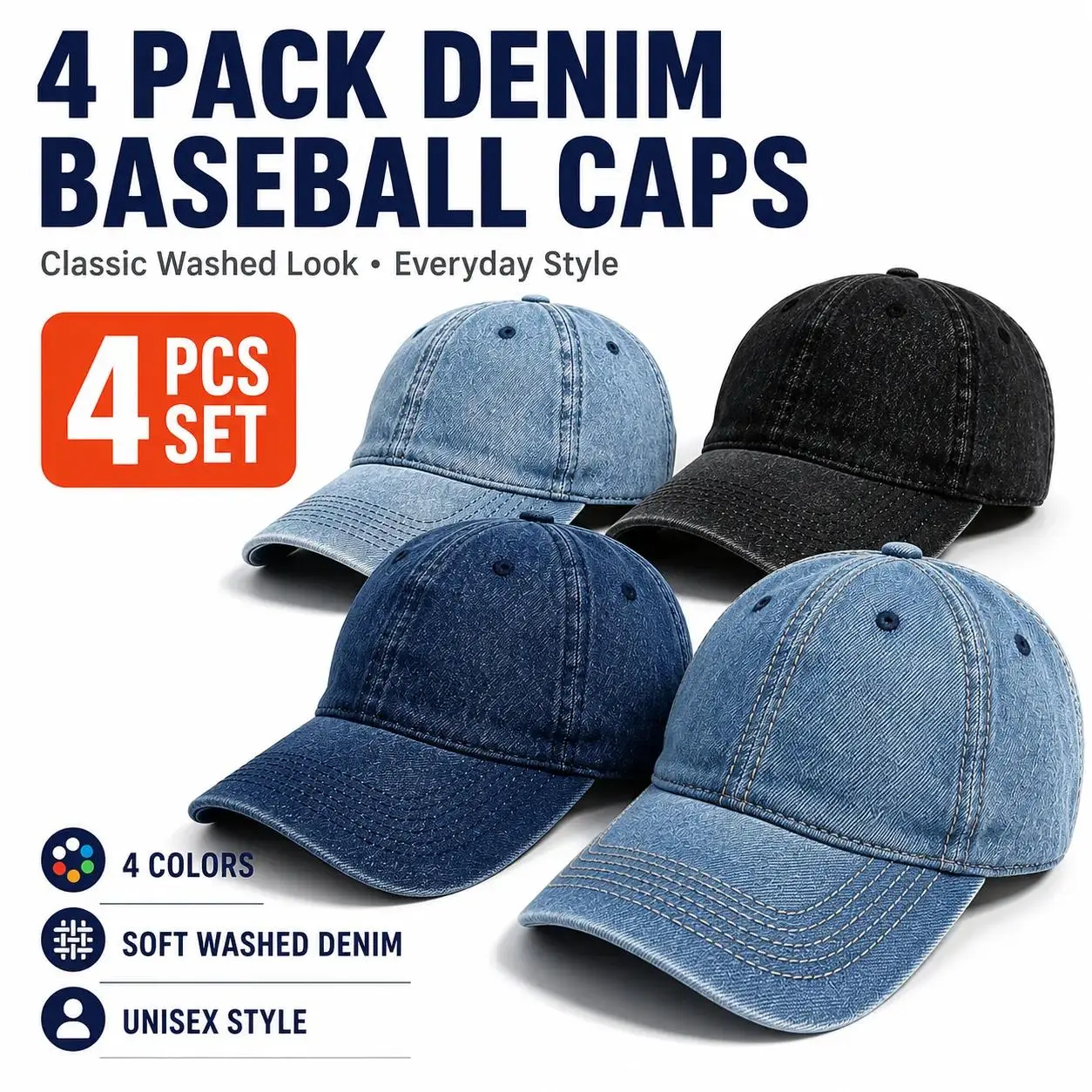 4 Pack Denim Baseball Caps for Men Women,adjustable Unisex Casual Cap Set,washed Dad Hats,curved Brim Outdoor Travel Everyday Hats,vintage Streetwear Sun Hat Breathable Lightweight Headwear Ideal Holiday Gift for Couples Beach Camping Street Ootd Access
