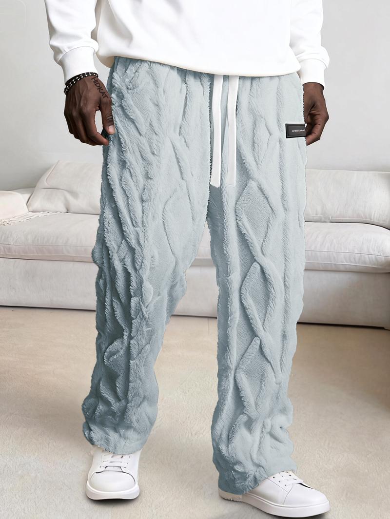 Men's Heavyweight Winter Trousers - Thickened Durable Non-Stretch, Elastic Drawstring Waist + Geometric Pattern, Cold-Weather Everyday/Outdoor Pants
