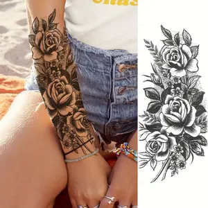 8pcs Realistic Black Rose & Peony Temporary Tattoos for Women - Waterproof, Long-Lasting Floral Sketch Stickers for Arms, Legs & Body Art