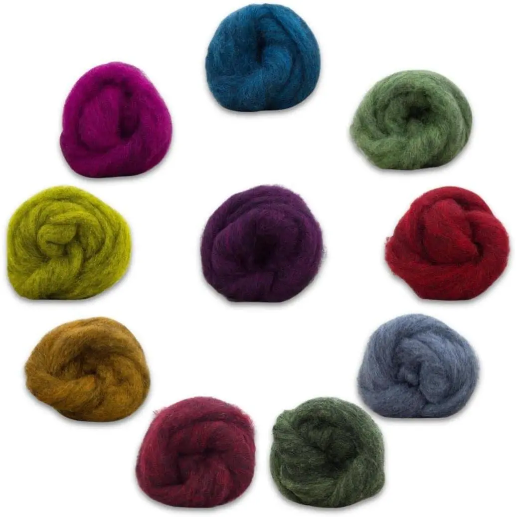 Himalayan Range Wool Roving Variety Pack - 10 Luxurious Blended Colors of Corriedale Fleece Fiber, Perfect for 3D Needle Felting, Wet Felting & Spinning