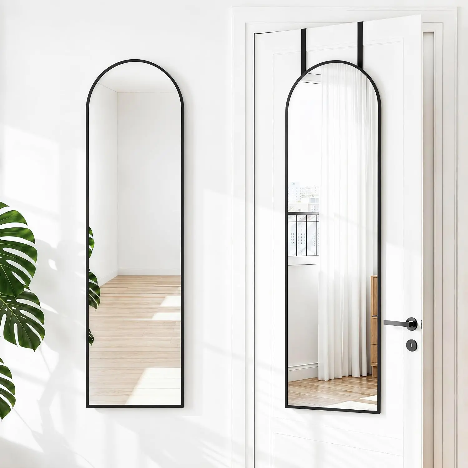 Over the Door Full Length Mirror 47x14 Inch, Wall Mounted Dressing Mirror, Door  Full  Mirror  Reflection Glass for Bedroom,  Alloy Frame Black
