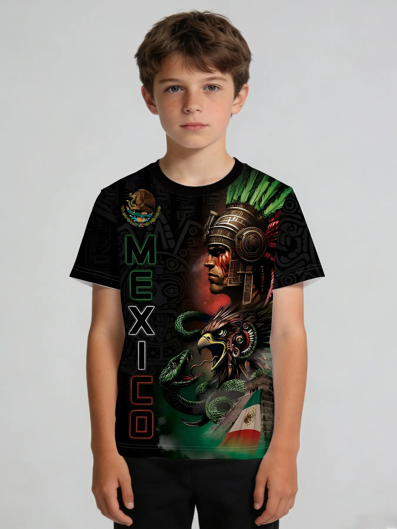 Boys' short-sleeve jersey "Mexican Aztec Warrior Totem Style", crew neck short-sleeve top, skin-friendly, breathable and sweat-wicking, suitable for campus sports, outdoor football playing and summer outings with versatile styling Breathable Shirt