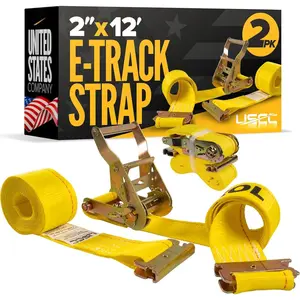 E Track Straps 2" x 12' (2-Pack), 4,400 LBS Break Strength, Yellow Heavy Duty E Track Ratchet Straps with 4' Fixed End and Spring E-Fittings, Logistic Tiedowns for Box ,