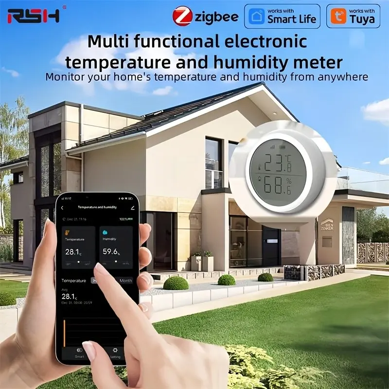 Tuya Digital LCD Indoor Home Wireless Zigbee Temperature Monitor, Humidity Meter, Compatible with Smart Life APP, Remote Control Thermometer Hygrometer Sensor