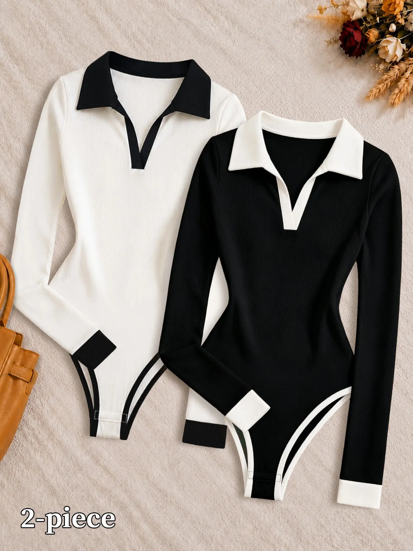 Women's Spring & Fall V-Neck Polo Romper Set, Slim-Fitting Knit Fabric, Perfect for Daily Wear, Casual Shopping, Bar Outing