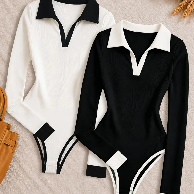 Women's Four Seasons V-Neck Polo Romper Set Jumpsuit Rompers, Slim-Fitting Knit Fabric, Perfect for Daily Wear, Casual Shopping, Bar Outing