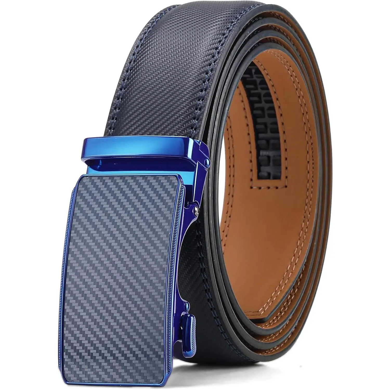 Leather Belt for Men Automatic Ratchet Buckle Slide Dress Casual Belts 1 3/8'' Wide Adjustable Trim to Fit(Black-20)