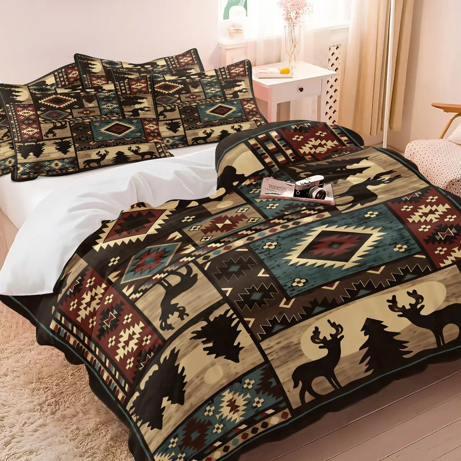 Navajo Indian Deer Forest Western Patchwork Duvet Cover Set & 1-2 Pillowcases-Ethnic Geometric Fabric Blocks Interwoven with Forest Animals-Comfortable Breathable-Log Cabin bBdroom/Outdoor Enthusiast Room Decor