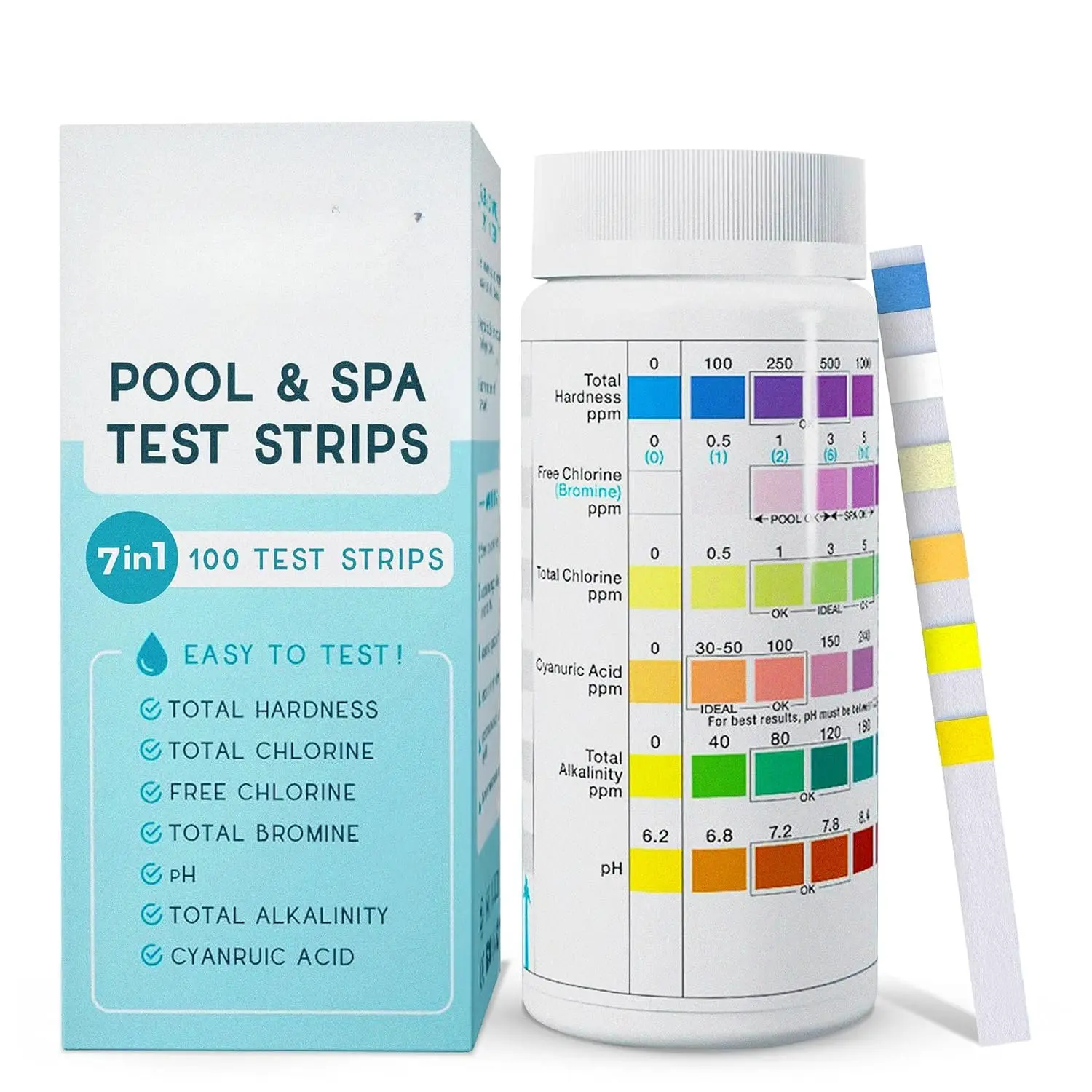 7 in 1 Pool and  Test Strips- Easy to Use Water Testing Kit for Pool, , Hot Tub &  - Tester Strip for Water Hardness, Chlorine, Bromine, pH, Alkalinity and Cyanuric Acid (100 Strips)