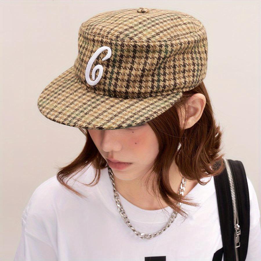 2D Flat, Women's Retro 3D Pattern Embellished Flat-Top Cap with Adjustable Snap Closure - Breathable Sun-Shading Duck Tongue Brim, Casual & Back-to-School Hat for Everyday Outfits, Trendy Japanese/Korean Fashion (Black/White), Cute Lightweight Hat Women,