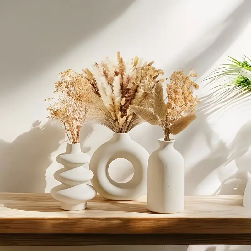 Three-piece Bohemian-style ceramic vase set, Boho vase, White round twisted design. Suitable for home decoration, wedding arrangements, coffee shop displays. Also an ideal choice for Christmas gifts Vases Home Decor