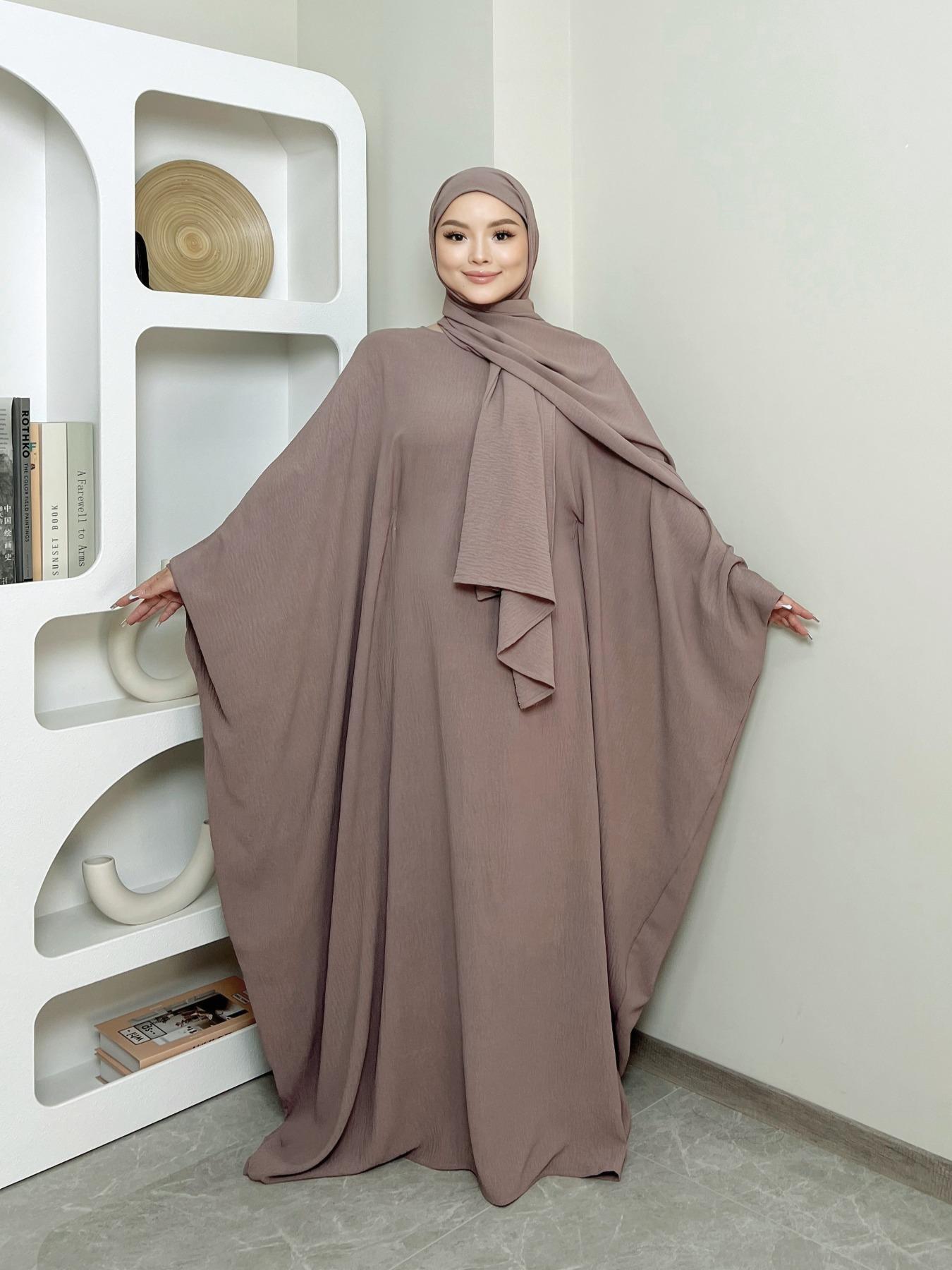Women's Solid Color Zipper Front Batwing Sleeve Abaya & Hijab Two-Piece Set, Modest Long Sleeve Round Neck Maxi Abaya & Hijab, Women's Islamic Clothing for All Seasons, Abaya Dress Set