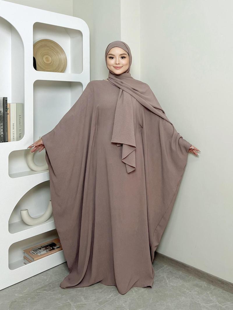 Women's Solid Color Zipper Front Batwing Sleeve Abaya & Hijab Two-Piece Set, Modest Long Sleeve Round Neck Maxi Abaya & Hijab, Women's Islamic Clothing for All Seasons, Abaya Dress Set