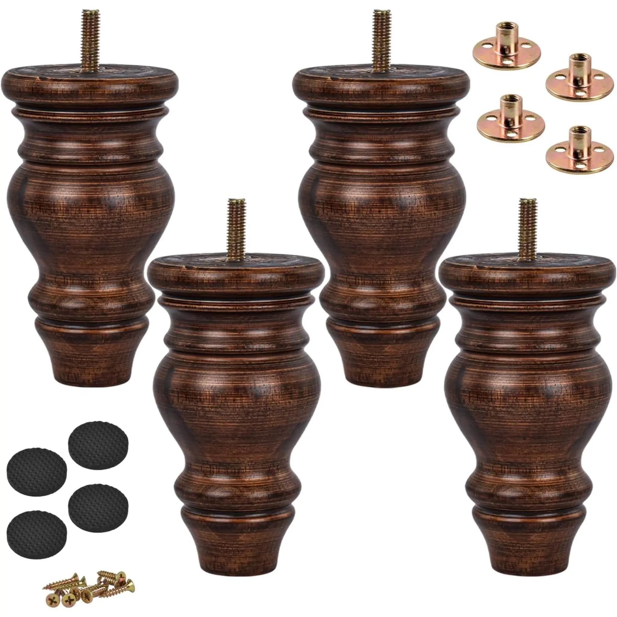 5 inch/12cm Wooden Furniture Legs, Pack of 4 Glaze Solid Wood Turned DIY Replacement Bun Feet with M8 Hanger Bolts & T-Nuts or Sofa Couch Cabinet Recliner Ottoman Riser