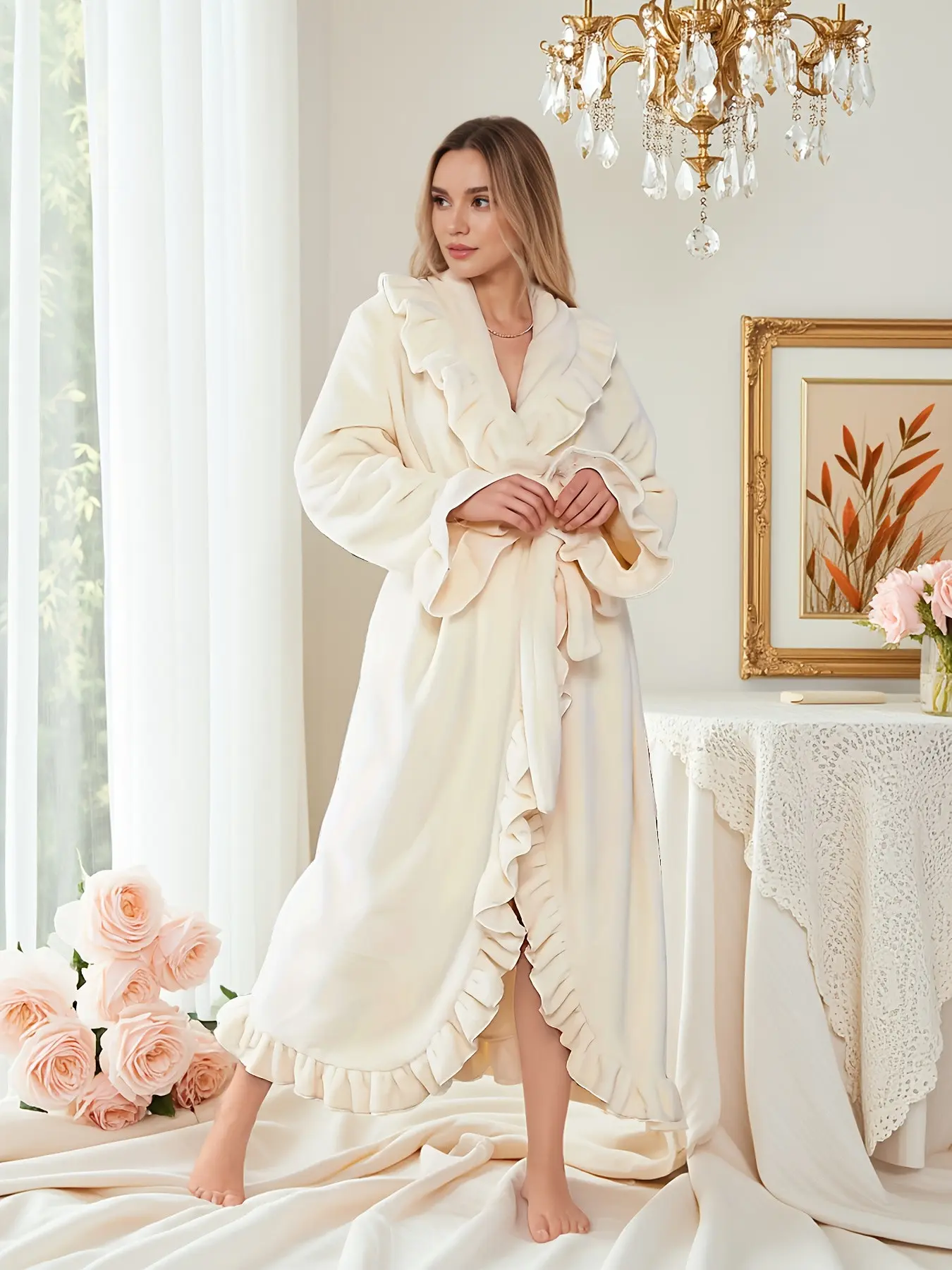 Women's Multi-Color Flounce Fleece Robe, Thickened Warm Ruffle Tie Long Home Bathrobe, Cozy Sleepwear for Comfortable Relaxation