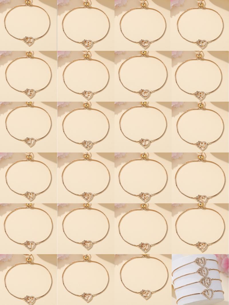 Women's Elegant Heart Design Initial Letter Charm Bracelet, Heart Shaped Bracelet, Exquisite Trendy Bracelet, Letter Link Bracelet for Women & Girls As Gift