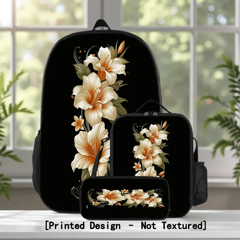 [Printed Design-Not Textured] Backpack, Crossbody Bag, Pencil Case, Featuring a Stylish Lily, Flower Design, a Perfect Gift Combination, Student Gift