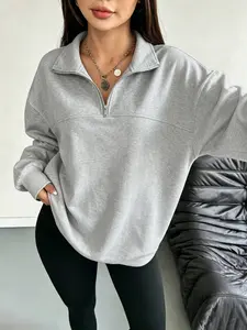 Women's Casual Loose-Fit Sweatshirt, Long Sleeve Zipper Design, Plain Pattern, Fall & Winter Streetwear, Comfortable Pullover Top