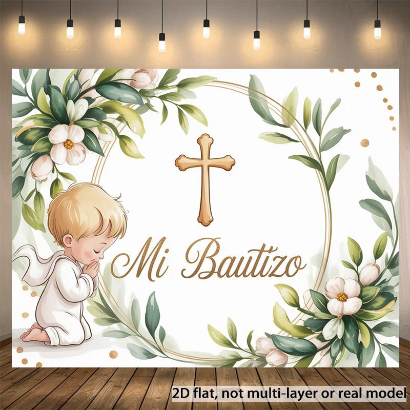 2D Flat, 2D Flat Banner, 1pc, Baptism Invitation with Floral Accents Background Decoration Background Photo Props, Banner Decor, Home Decor, Room Decor, Wall Decor, Party Background Decor, Party Decor/supplies/g