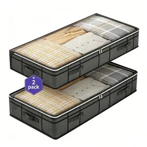 2-Piece Foldable Bed Under Storage Bag Set, Space Saving Storage, Organizational Zipper Storage, Breathable Zipper & Transparent Window Design, Includes 4 Handles for Blankets Clothes Bedding Storage Bags, Bedding Organizer Storage