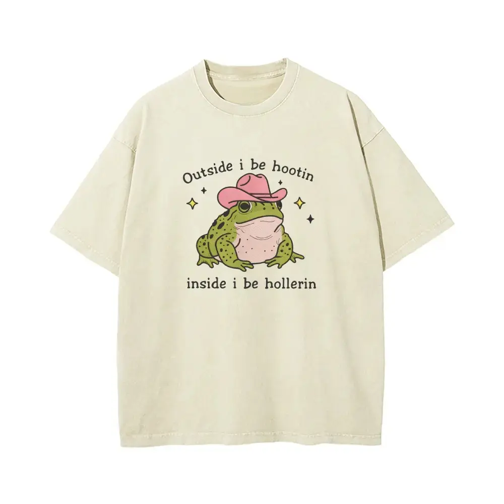 "Outside I Be Hootin Inside I Be Hollerin" Cowboy Frog Meme Unisex Plus Size Summer Graphic Tees Personalized Pattern Y2k Clothing Round Neck Short-Sleeved Washed T-Shirt,Women's Clothing  , Menswear, Top, Vintage Style, Casual Oversized