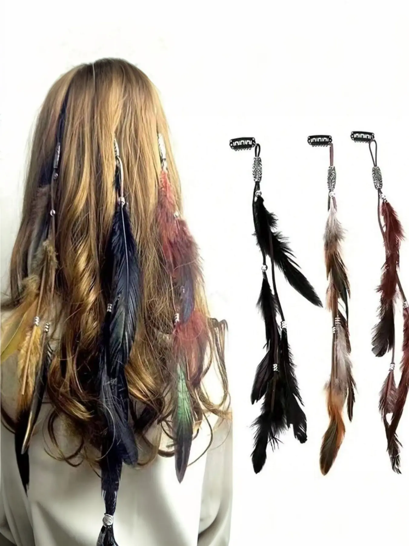 3pcs Artificial Feather Boho Style Feather Tassel Hair Clip With Snap, Suitable For Women Daily Use,Hair Accessories,Hair Barrettes Hair Clips Claw Clips Hair Claws