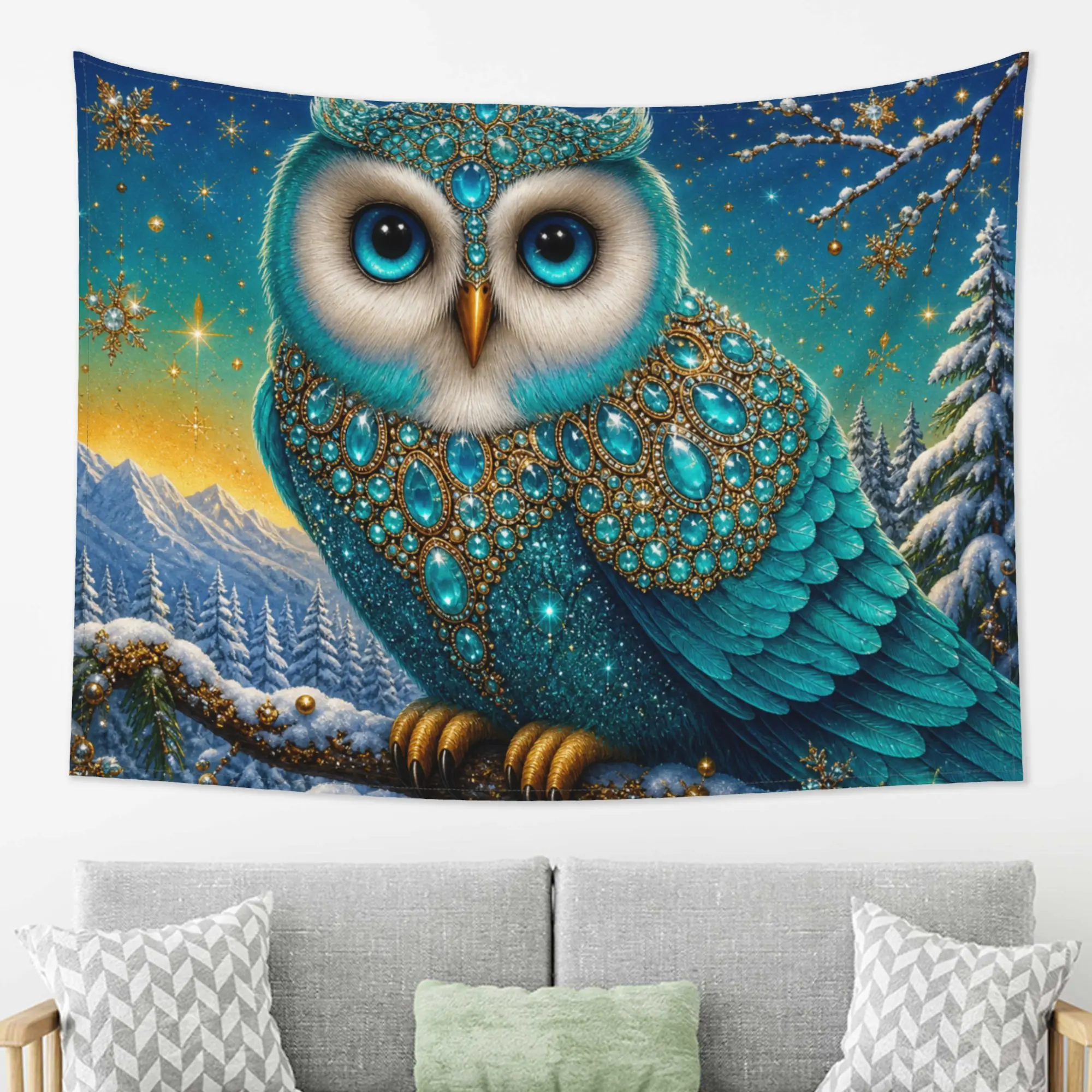 Wall Hanging Tapestry Mystical Blue Owl Gemstone Art Print Snowy Winter Forest Scene Aesthetic Wall Decor for Living Room Bedroom Dorm Party Backdrop,Hippie,UV