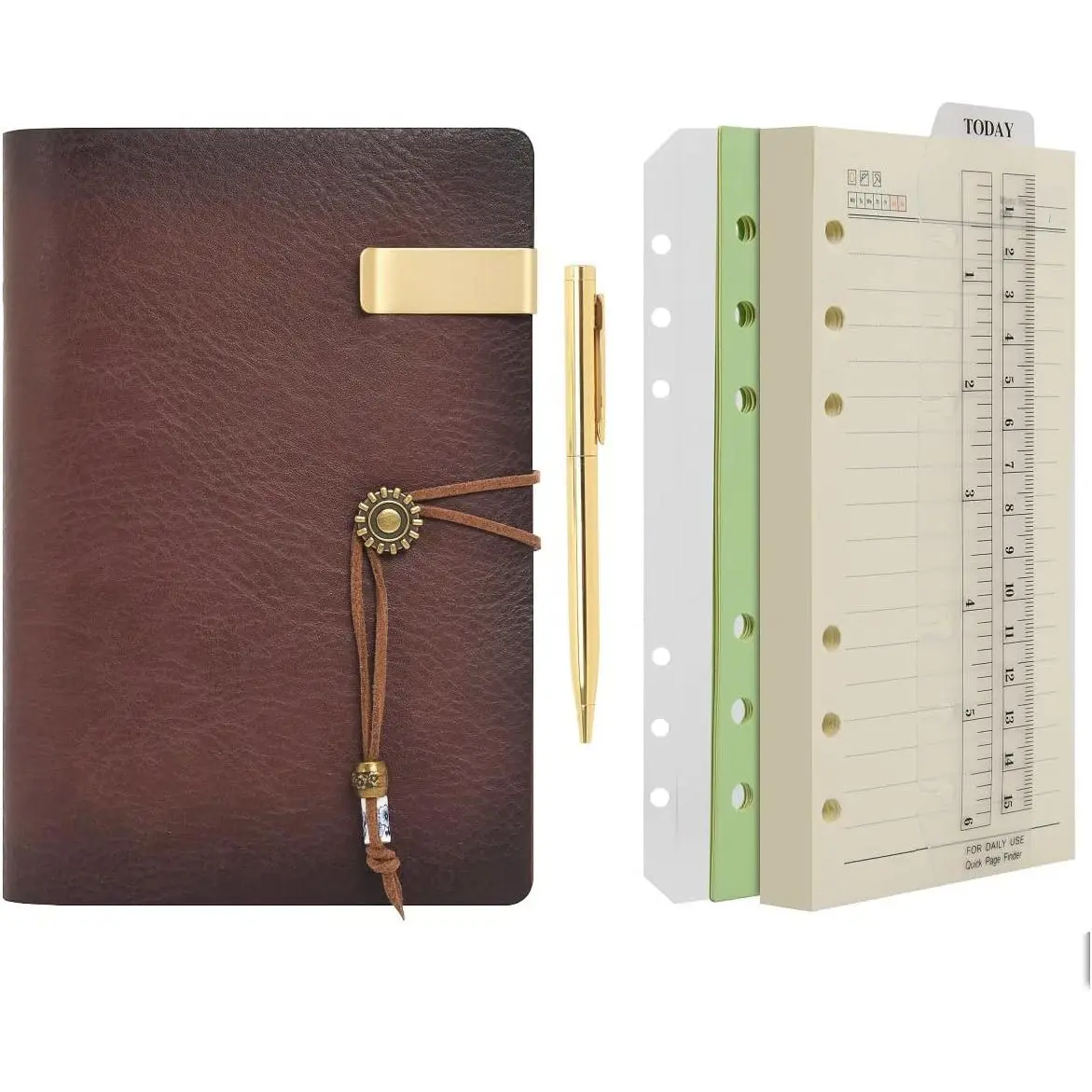 A6 Brown Cow Split Leather Journal - Refillable 6-Ring Binder Notebook with 160 Pages Lined Paper, Pen, Multi-Use for Work, Travel, Agenda Plan