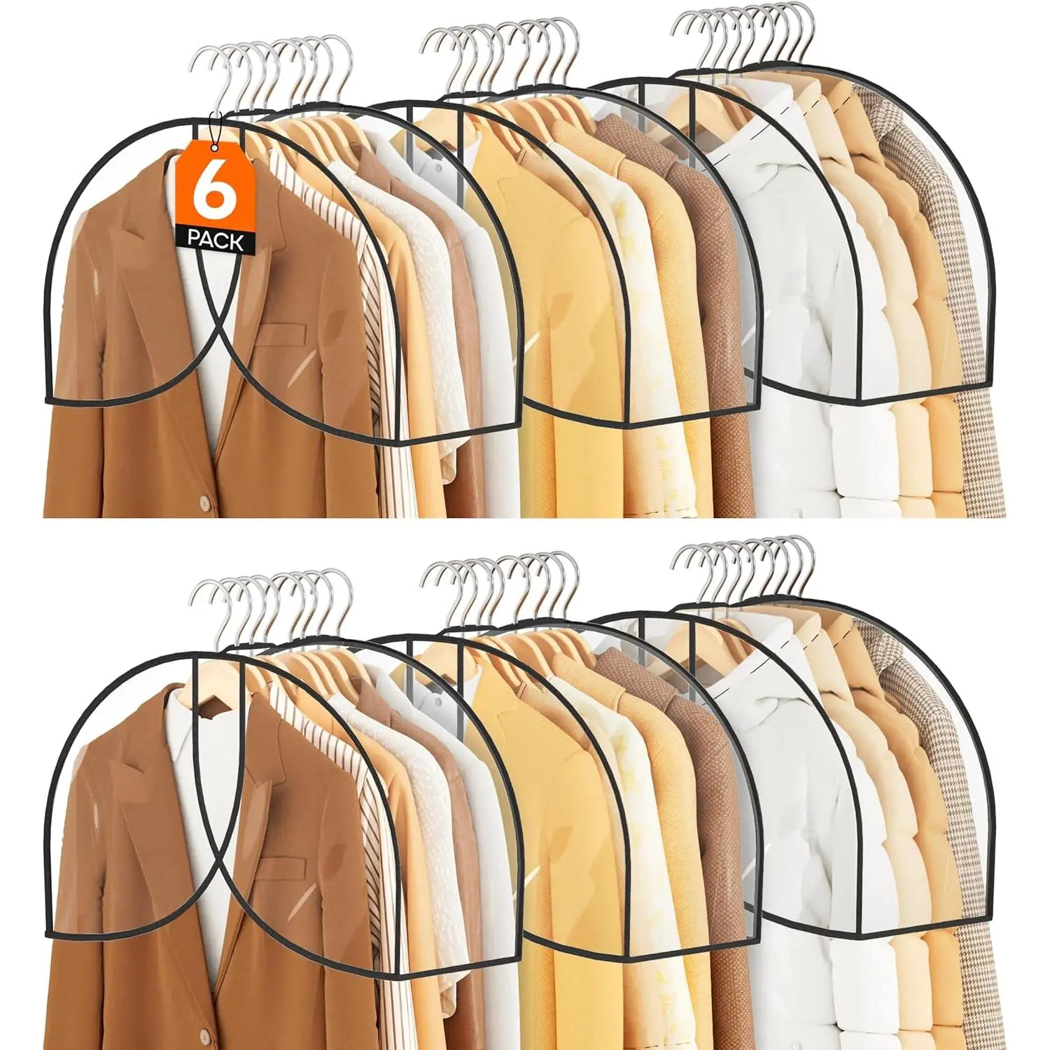 8" Gusseted Shoulder Cover 6-Pack Wide Garment Covers for Clothes Storage Clear Plastic Clothes Cover for Hanging Dustproof Clothes Protectors for Hanging Clothes for Suits, Shirts, Coats
