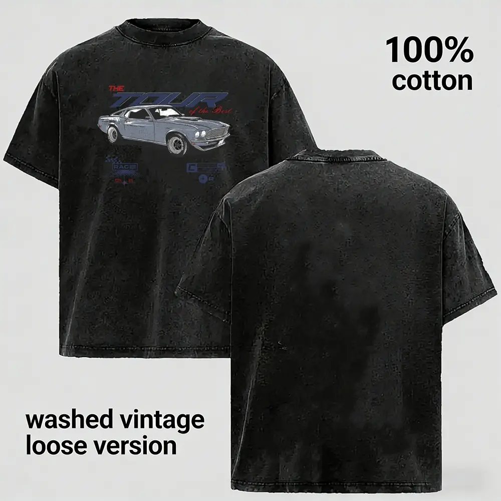 Retro Race Tour Muscle Car Graphic Vintage Mineral Wash T-Shirt 100% Cotton Loose Fit Oversized Casual Daily Street Top Unisex