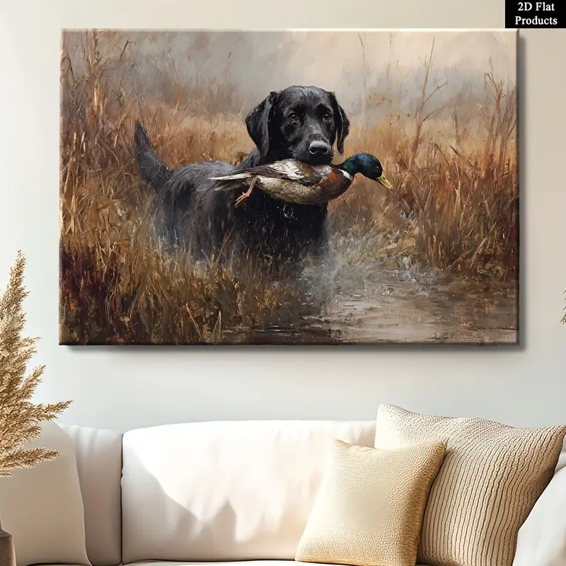 Artistic 2D Flat Framed Canvas Decorative Painting - Black Labrador Retriever Holding Duck, Edged Frame with Hanging Hooks, Houndstooth-Marble Accent Home Wall Art for Living Room, Thanksgiving-Father's Day Gift for Dog Lovers, Plaid