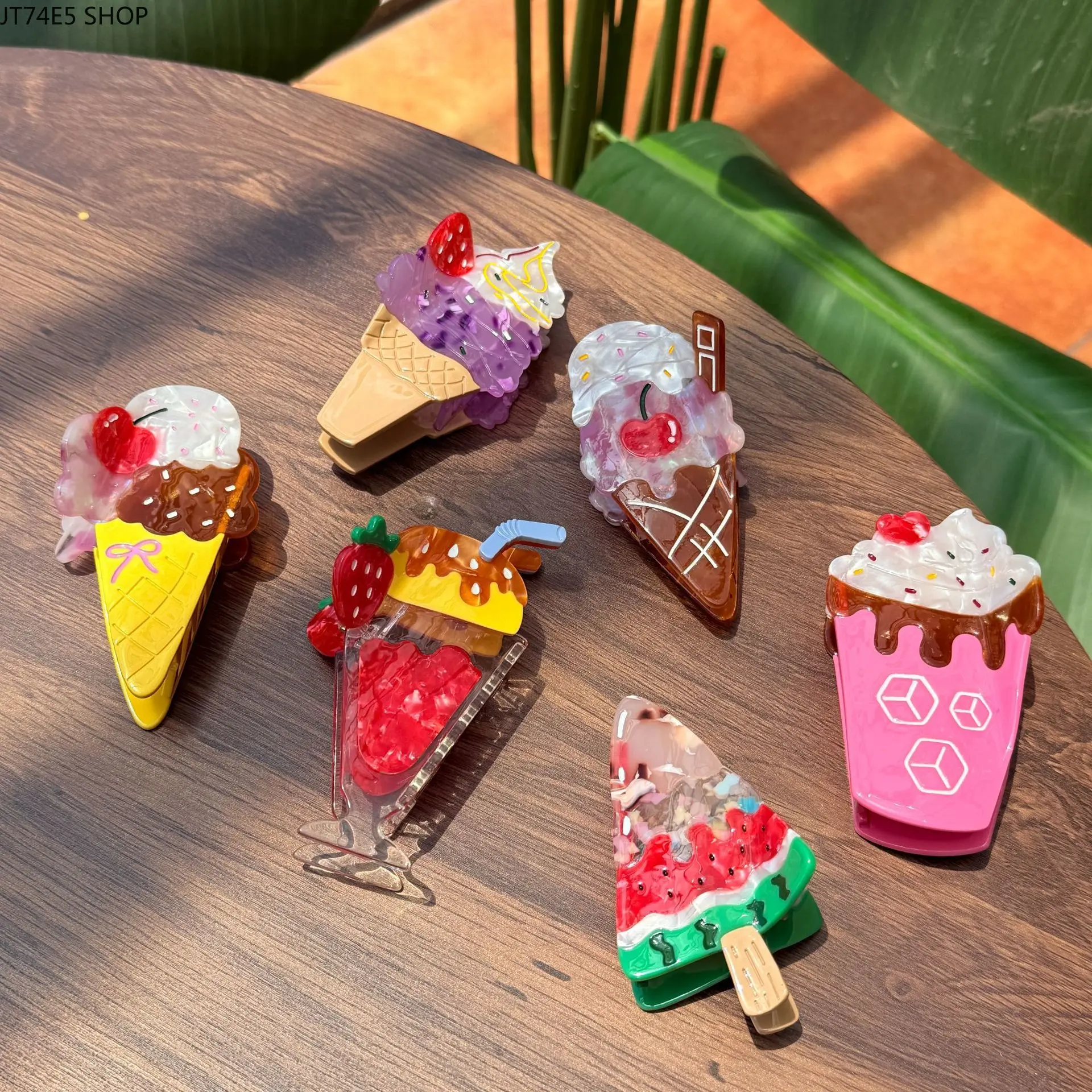 New Ice Cream Acetate Hair Claw, Cute Strawberry Cone Cherry Chocolate Bow Sweet Shark Clip for Girls