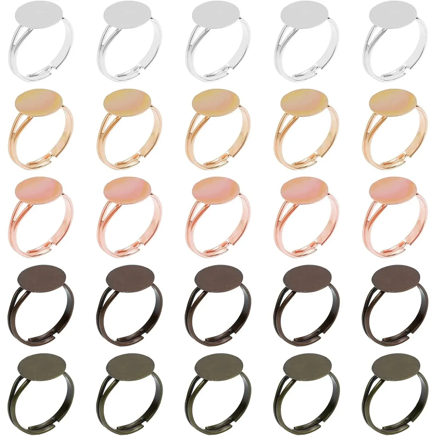 50pcs Blank Rings Adjustable Flat 12mm Base Rings Blank Jewelry Findings Components for Making DIY Crafts, 5 Colors