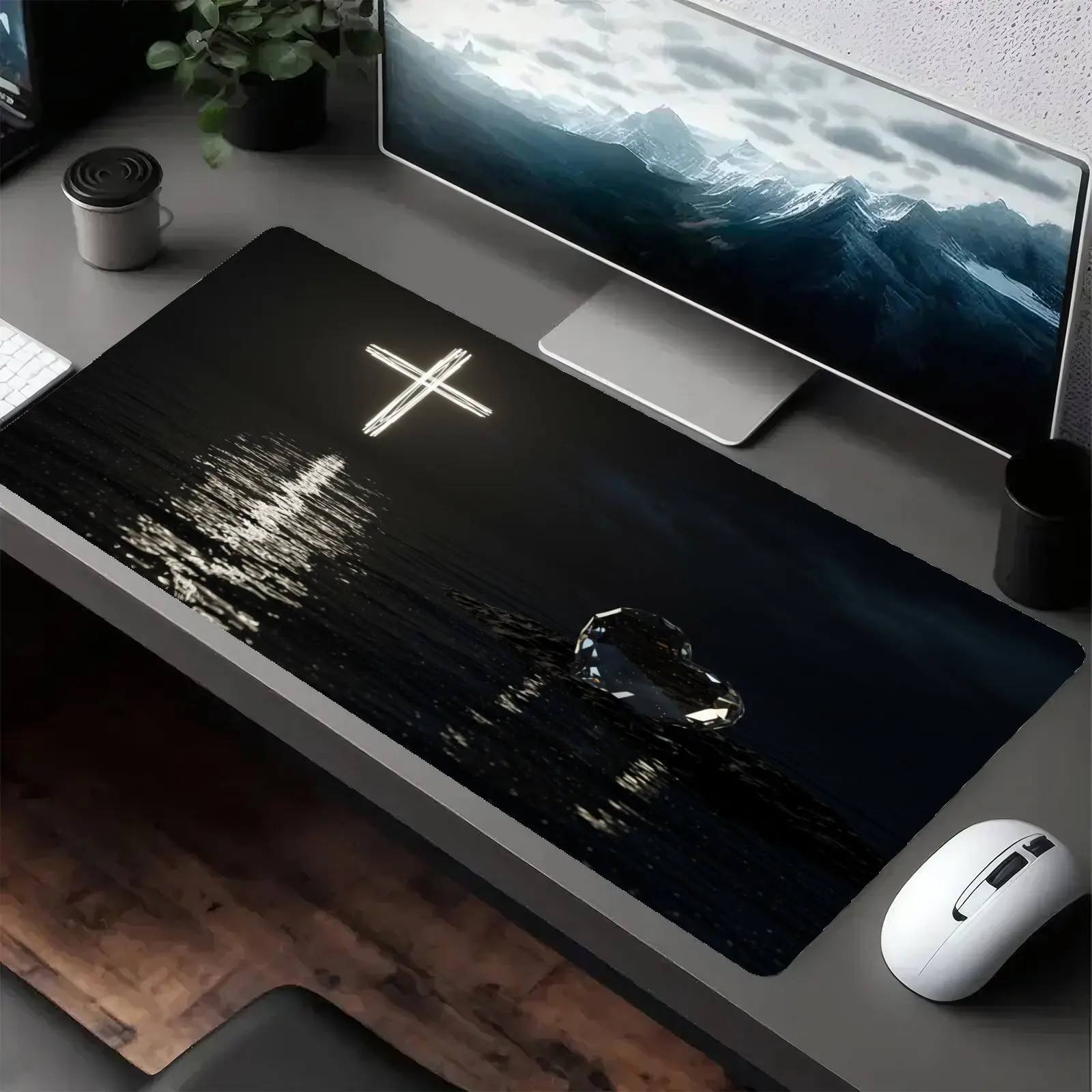1-piece gaming mouse pad, featuring a luminous cross and heart-shaped crystal design--dark water surface texture, non-slip rubber base, stain-resistant desk mat, suitable for PC, computers, office and home use--faith-themed gift, ideal for gamers and Chri