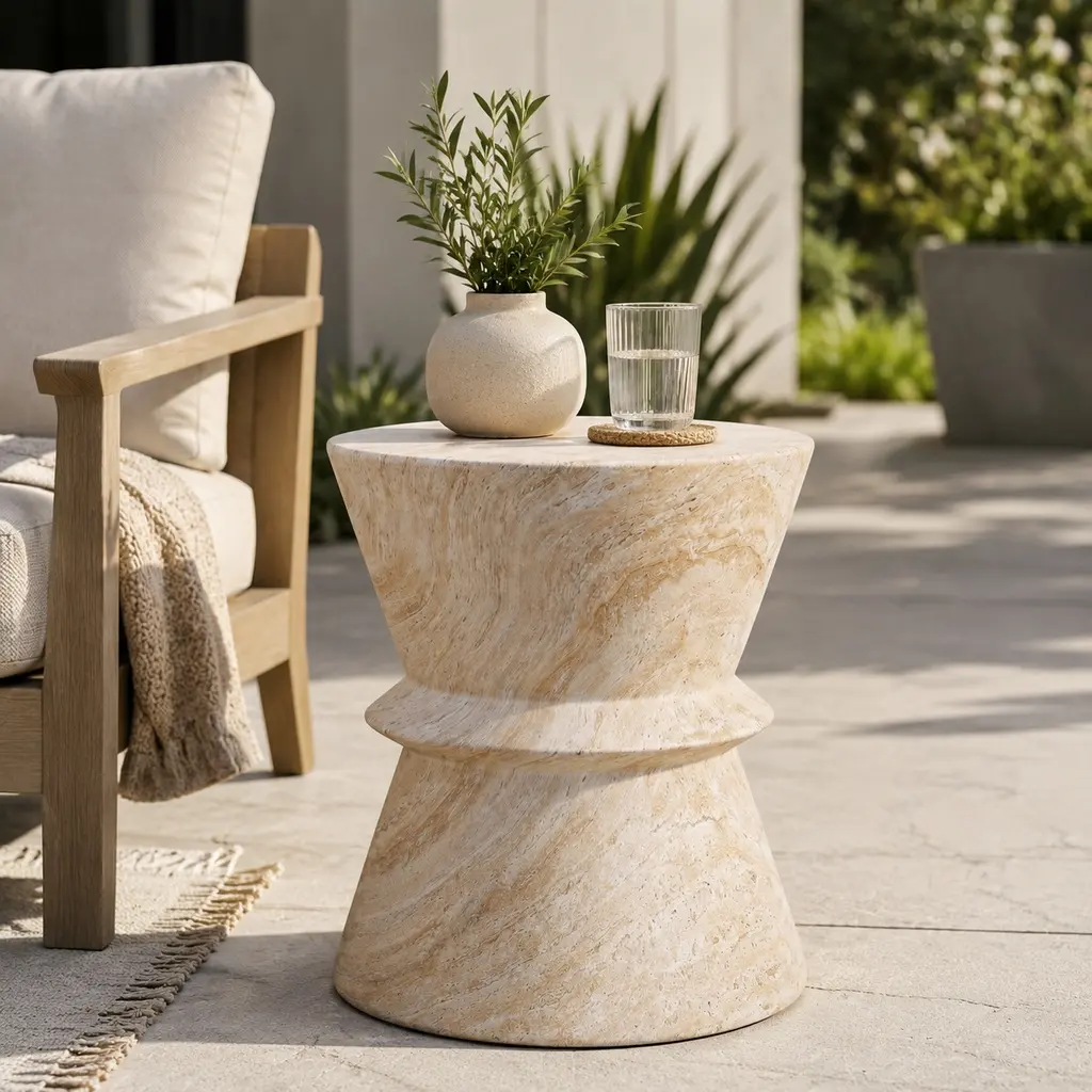 ARCH Contemporary Lightweight Concrete Side Table - Travertine Beige Finish, 15.50 w x 15.50 d x 18.00 h Inches Hourglass End Table, 19.27 lb, Fully Assembled, for Living Room & Garden, Indoor Outdoor Furniture