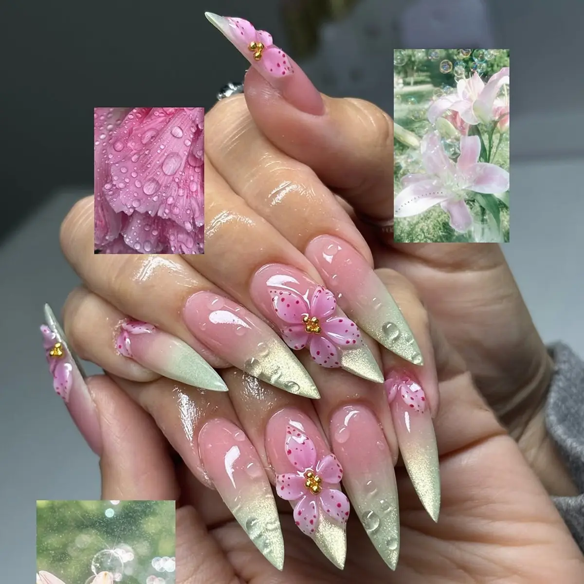 24pcs Press on Nails Long Stiletto, & Sage Gradient, 3D Embossed Flower & Water Drop, Glossy Acrylic Stick on Nails for Women, Glossy Fake Nails, Artificial Nails