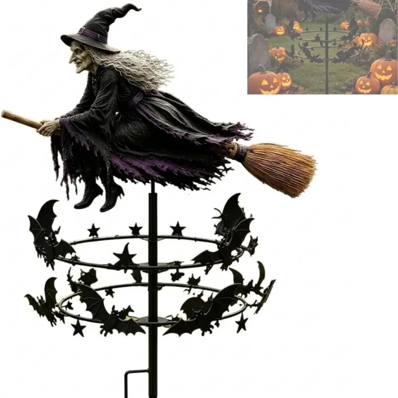 Halloween Outdoor Yd Spinner - Witch Flying on Broom & Wind-Powered Spin Rotating Bat Decor, Easy-Setup Spooky Ground Stake Base Garden Lawn Ornament, 2026 Outdoor Decor Prop for Gardens & Parties