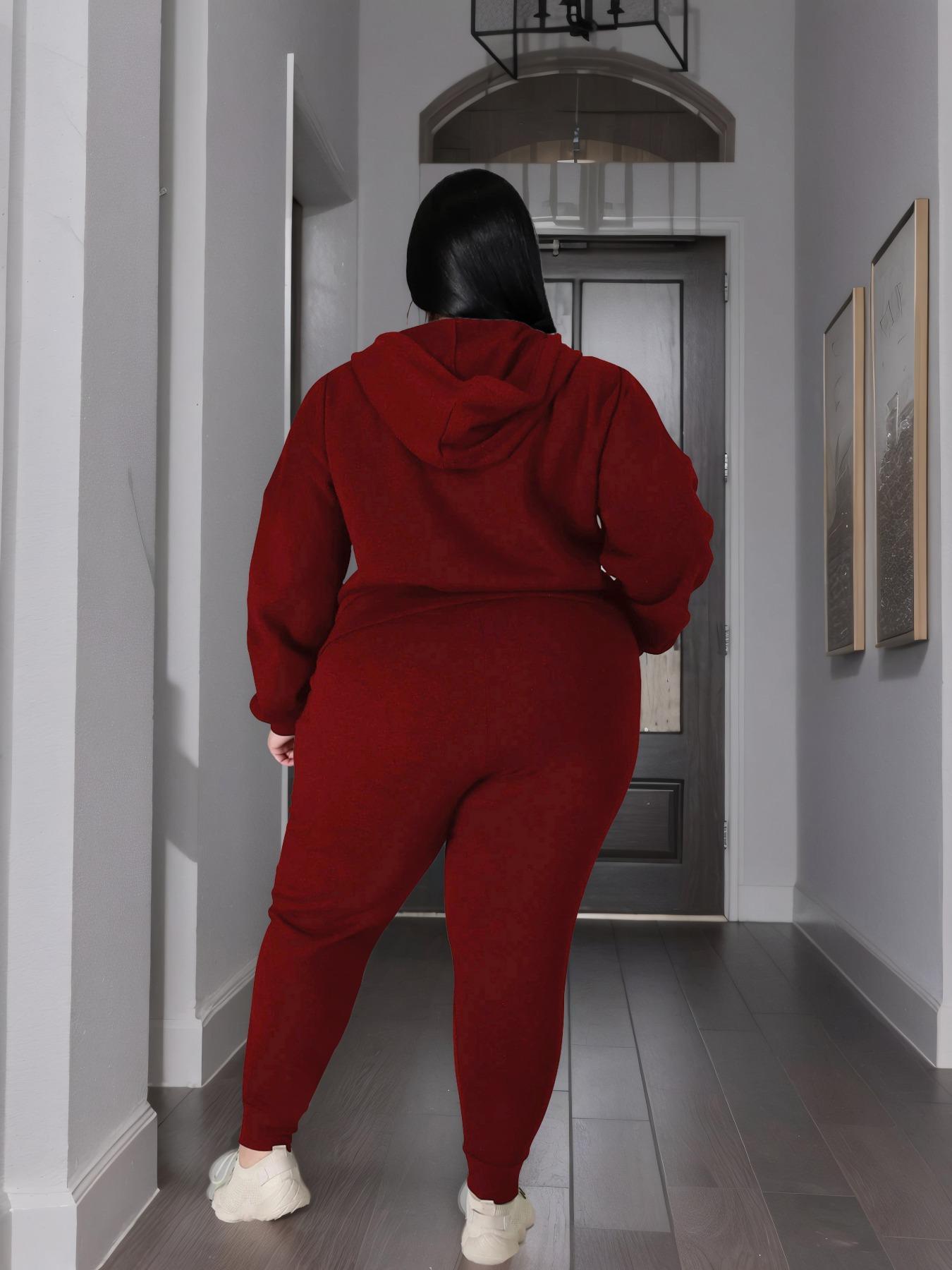 【Plus Size】 Two-Piece Set Solid Zip Up Hooded Sweatshirt & Drawstring Waist Pants, Casual Long Sleeve Hooded Sweatshirt & Pocket Trousers for Daily Wear, Women's Two-piece Outfits for Fall & Winter, Clothing Sets