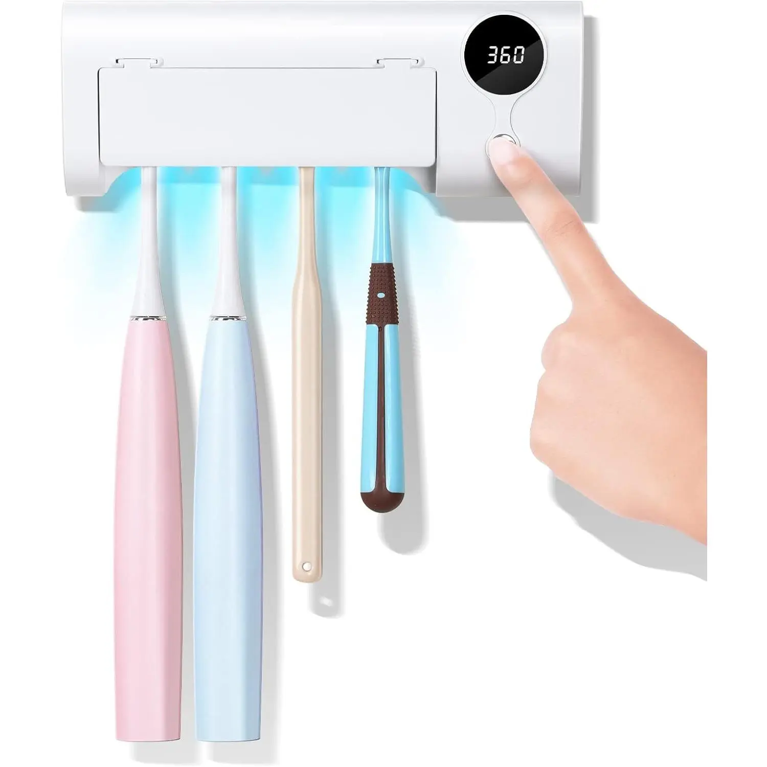 UV Toothbrush Cleaner Holder for Bathroom, Timer Function, Rechargeable Cordless Wall Mounted, No Drilling, 4 Slots