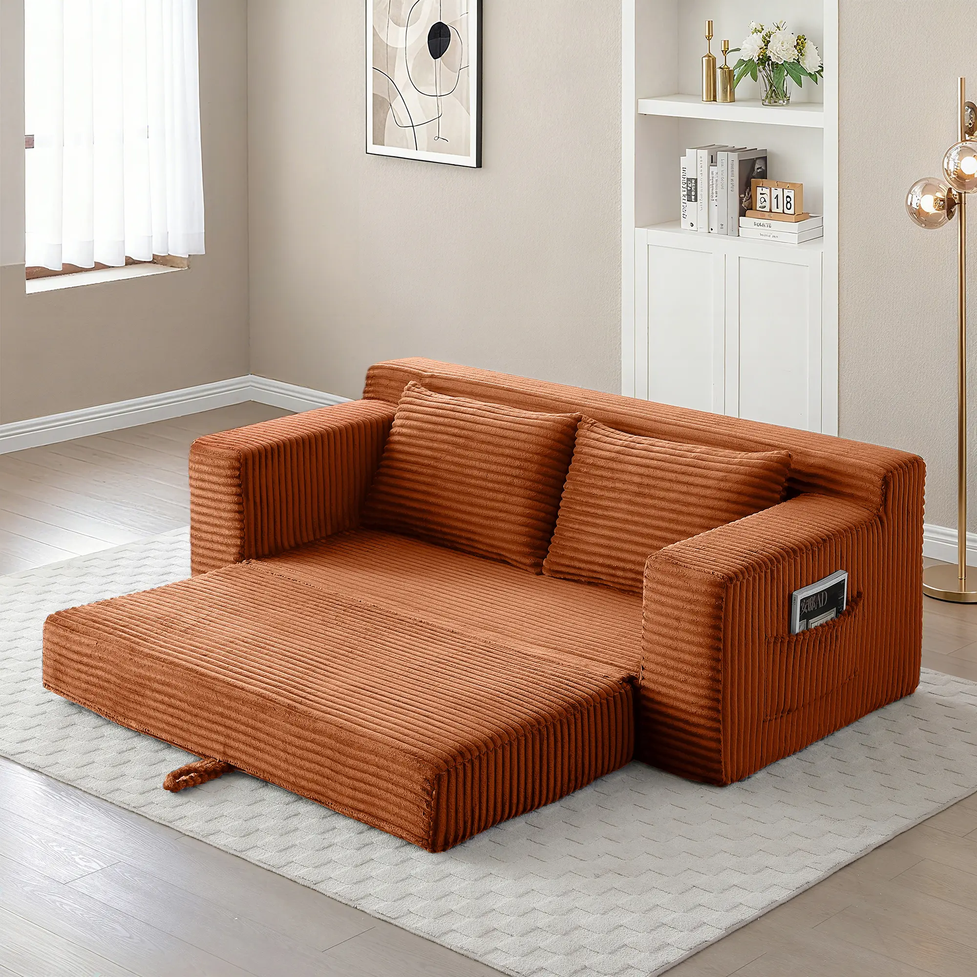 ARCH Memory Foam Cloud Loveseat Sofa 2 in 1 Convertible Folding Couch Bed No Assembly Compressed Corduroy Floor Lounge Sofa for Living Room Bedroom Office Apartment Dorm, Living Room Furniture for Apartment, Lounge, Family Room, Sofa Couch Seating