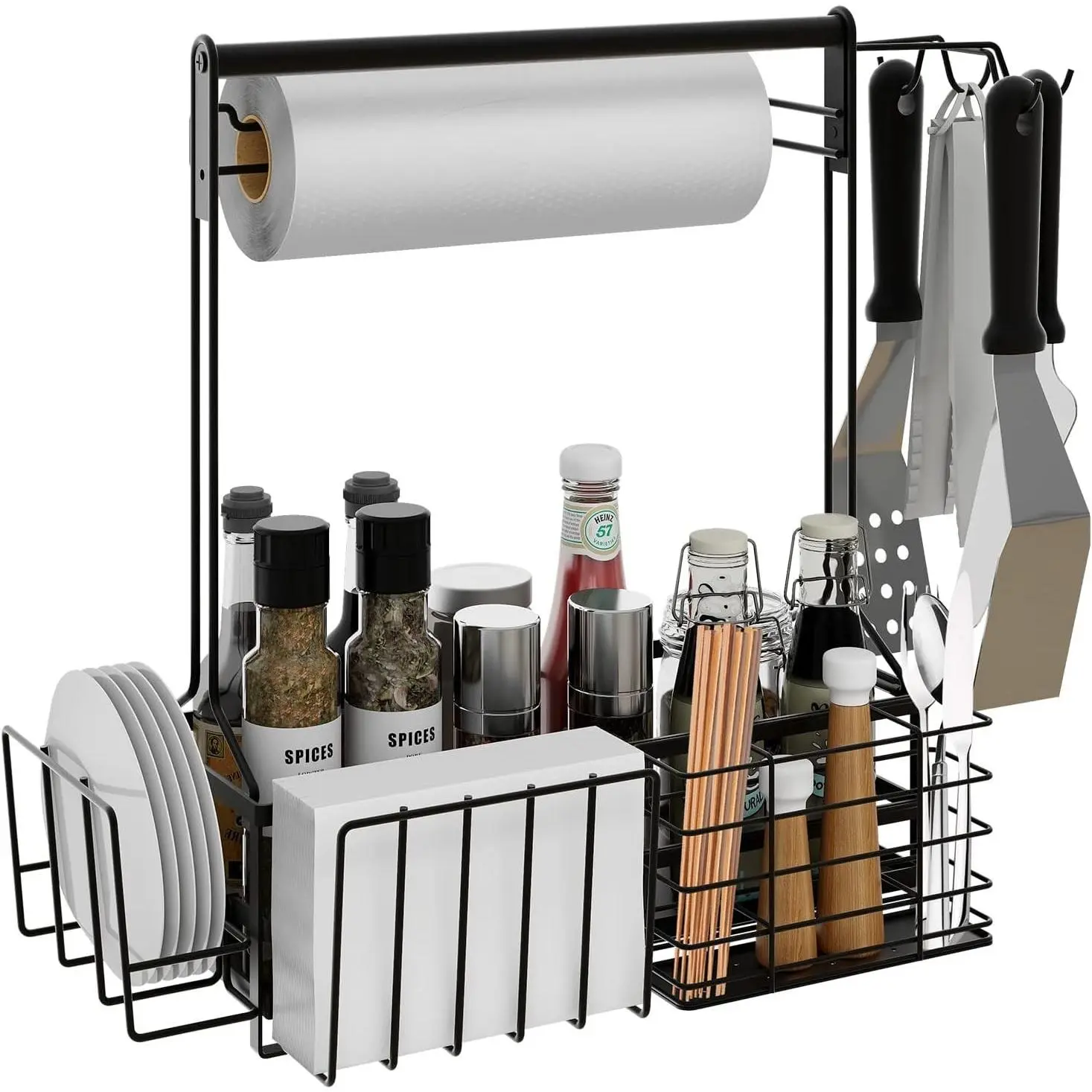 BBQ Caddy, Grill Caddy for Outdoor Grilling with Paper Towel Holder, Grill Utensil Caddy, Outdoor Kitchen Barbecue Accessories for Camper, Tailgate Essentials, Grilling Gifts for Men