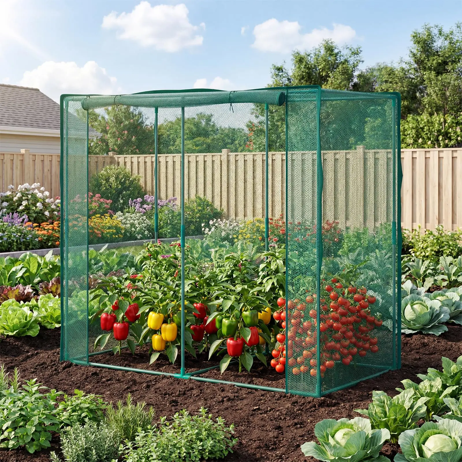 Crop Cage for Garden – Roll-Up Zippered Doors Plant Netting Cover with Steel Frame, Storage Bag & Ground Stakes for Bug & Insect Protection