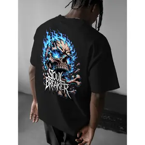 180g[100%cotton]Flame Skull Pattern, Men'S Fashion Print Street Casual Short Sleeve T-Shirt, Spring Summer Top Comfortable Round Neck Tee