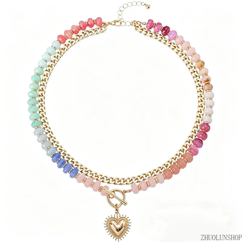 Women's & Teen Girls' Vibrant Color Beaded Double-Layer Heart Pendant Clavicle Necklace - Stackable Layering Charm Jewelry, Casual Wear Accessory, Nickel-Free Hypoallergenic Lightweight Comfort-Fit Chain elegant colorful letter customized unisex cross