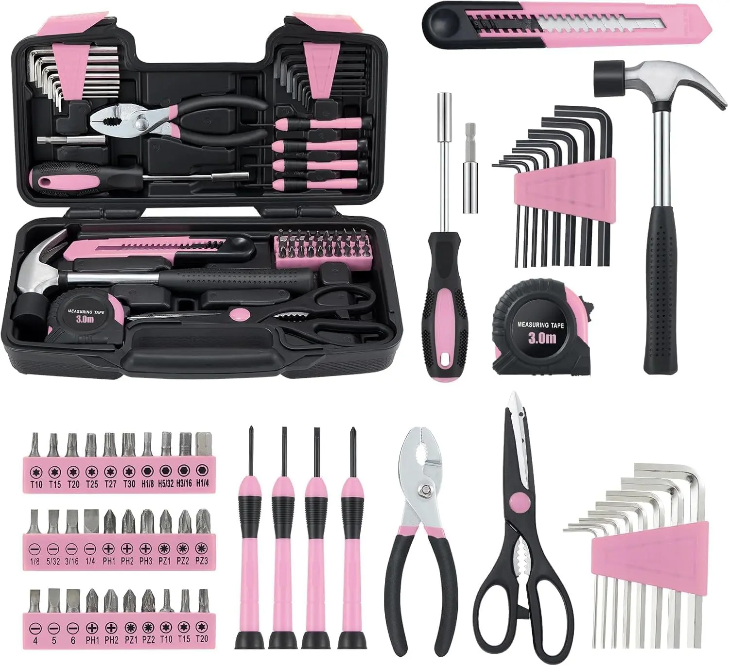 58 Piece Tool Set, Hand Tool Kit with Toolbox Case, All Purpose Tool Kit for, Girls and, Pink