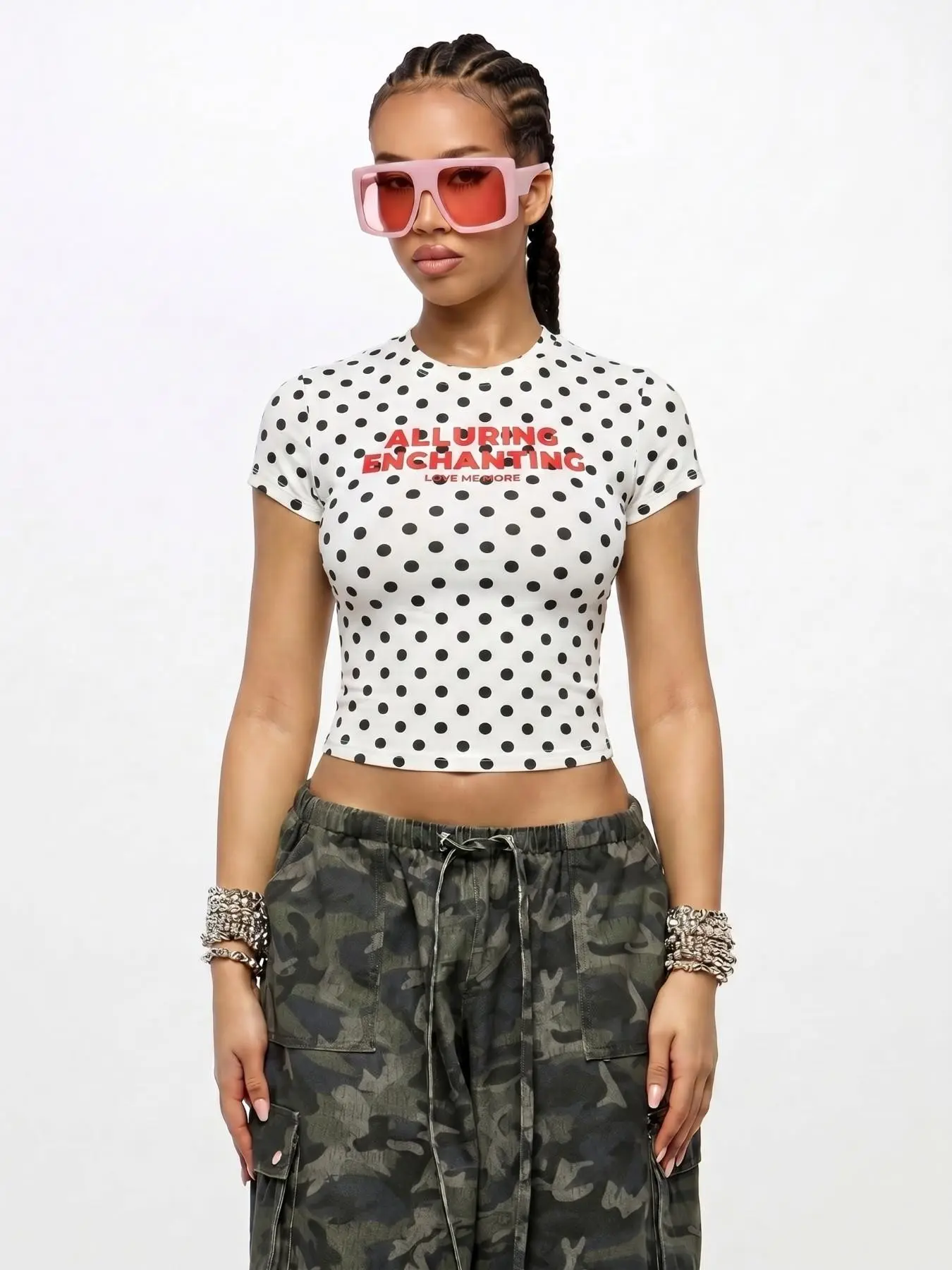 Women's Polka Dot Letter Print Raglan Short Sleeve Crop T-Shirt Slim Fit Y2K Streetwear 2026 Summer Daily Trendy Viral TikTok Fashion Essential for Going Out, Hip Hop Style, Club & Casual Daily Matching Outfits With Camo Pants Jeans