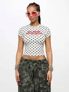 Women's Polka Dot Letter Print Raglan Short Sleeve Crop T-Shirt Slim Fit Y2K Streetwear 2026 Summer Daily Trendy Viral TikTok Fashion Essential for Going Out, Hip Hop Style, Club & Casual Daily Matching Outfits With Camo Pants Jeans