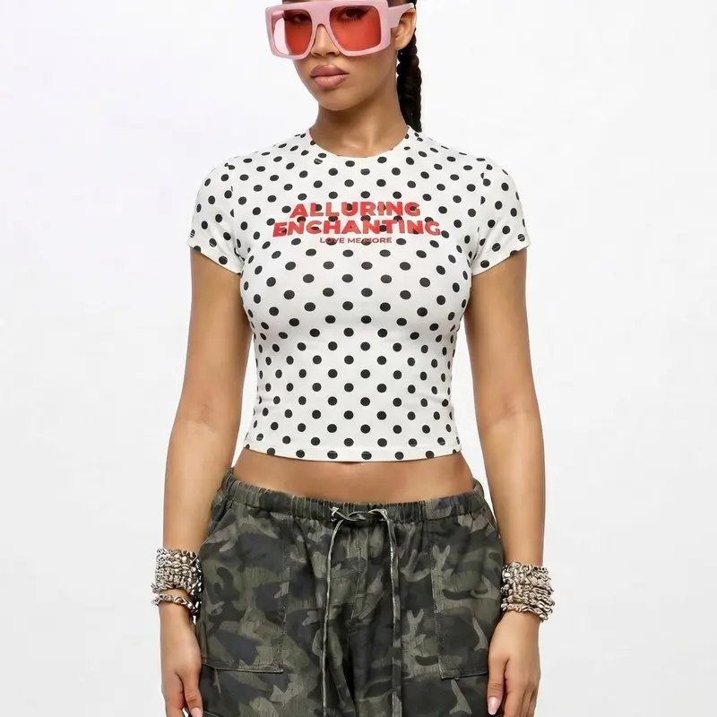 Women's Hip Hop Style Polka Dot Letter Print Raglan Short Sleeve Crop T-Shirt, Slim Fit Y2K Streetwear, 2026 Summer Casual Daily Top for Going Out