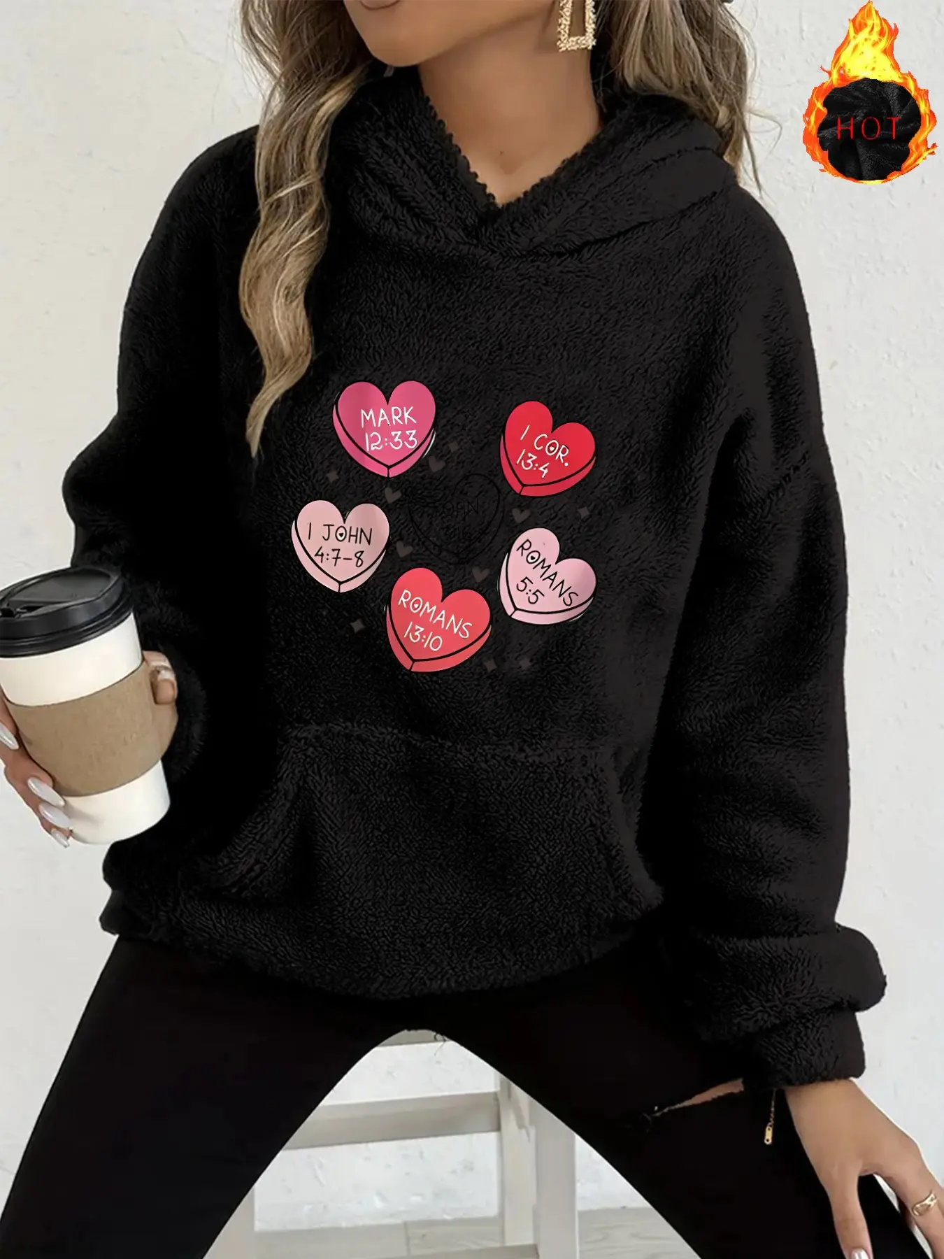 Y2K Flannel Hoodie, Heart Candy Design, Bible Verses, Starry Faith Print, Kangaroo Pocket, Cozy Warm Fall Winter Sweatshirt