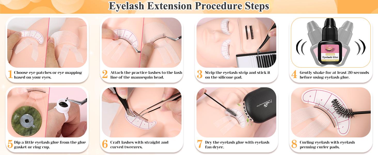Lashes Kit for Eyelash Extension Beginner Lash Tech Starter Kit with Eye Lash Mannequin Head, Professional Eyelash Extension Kit with Lash Fan, Extension Glue and Eyelash Remover for Practice Training